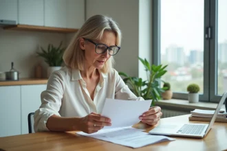 Femme d'âge moyen examine des documents dans sa cuisine