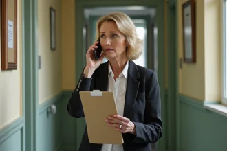 Femme d'âge moyen parlant au téléphone dans un couloir d'immeuble