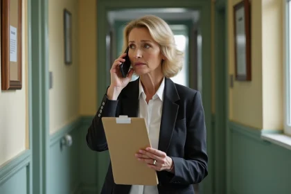 Femme d'âge moyen parlant au téléphone dans un couloir d'immeuble