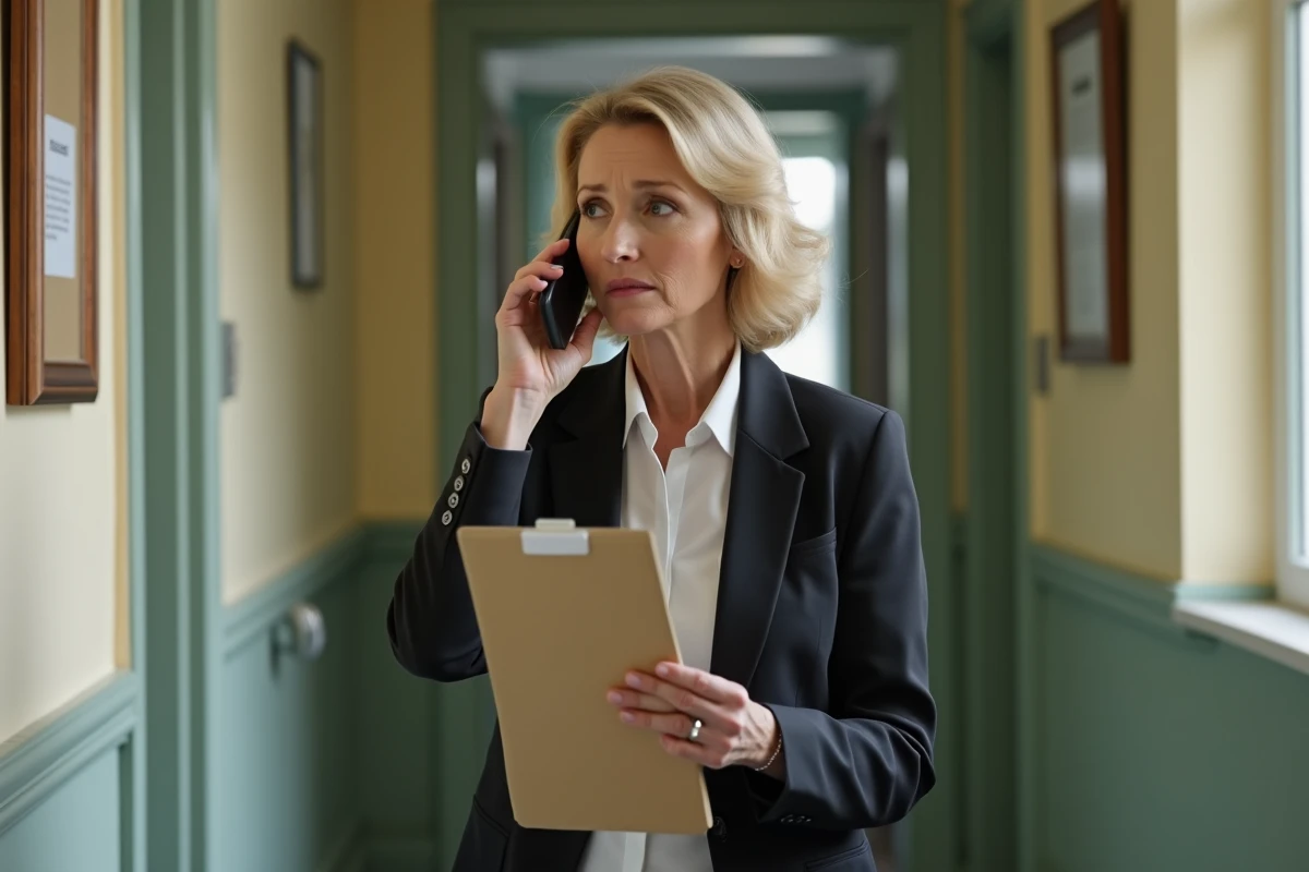 Femme d'âge moyen parlant au téléphone dans un couloir d'immeuble