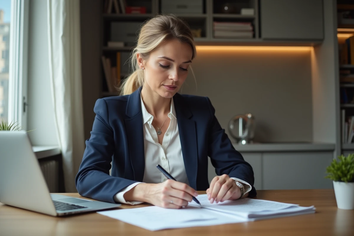 Femme professionnelle en bureau immobilier à Paris