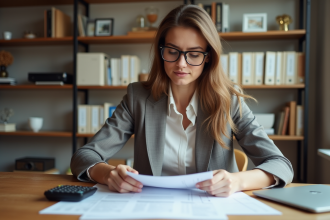 Femme professionnelle examinant des documents immobiliers à Paris