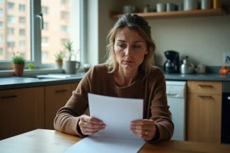 Femme inquiète lisant une lettre dans la cuisine