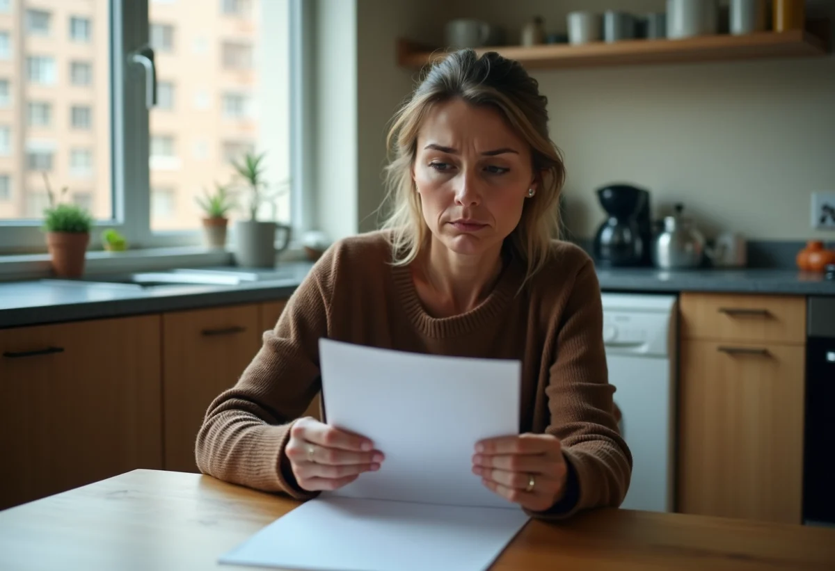 Femme inquiète lisant une lettre dans la cuisine