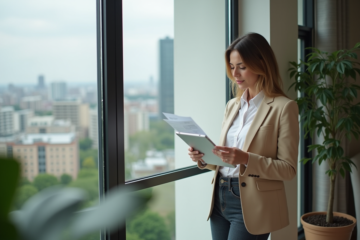 Femme concentrée examinant des documents de prêt immobilier