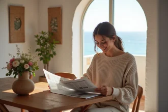 Femme lisant un journal dans un appartement à Essaouira