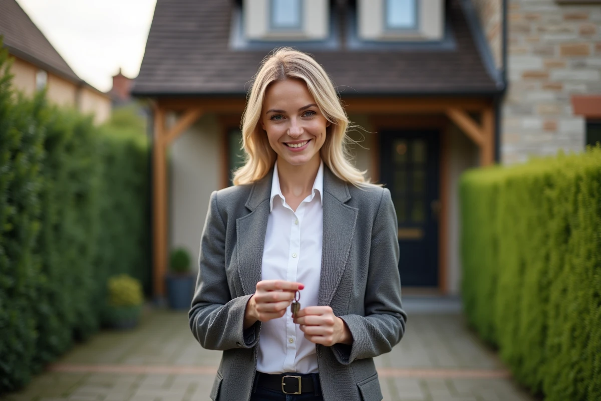 Jeune femme devant une maison normande