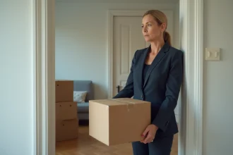 Femme professionnelle tenant un carton de déménagement dans son nouvel appartement lors d'une mutation professionnelle