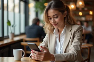 Femme consultant l'espace client MyFoncia sur son smartphone dans un café parisien