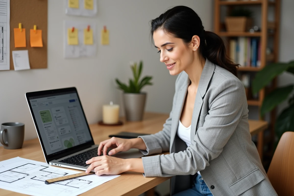 Femme organisant un projet de rénovation sur ordinateur avec plans et notes dans un bureau à domicile