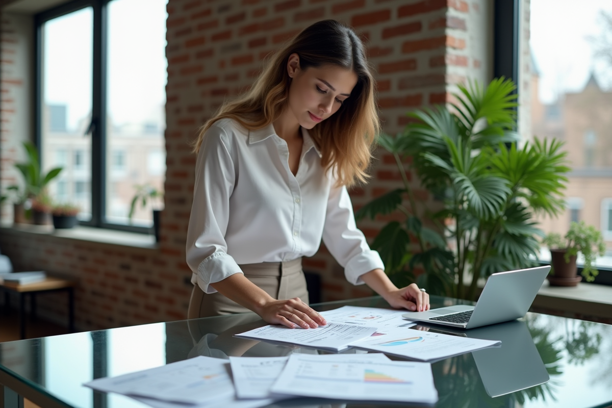Jeune femme organise des papiers immobiliers dans un appartement lumineux