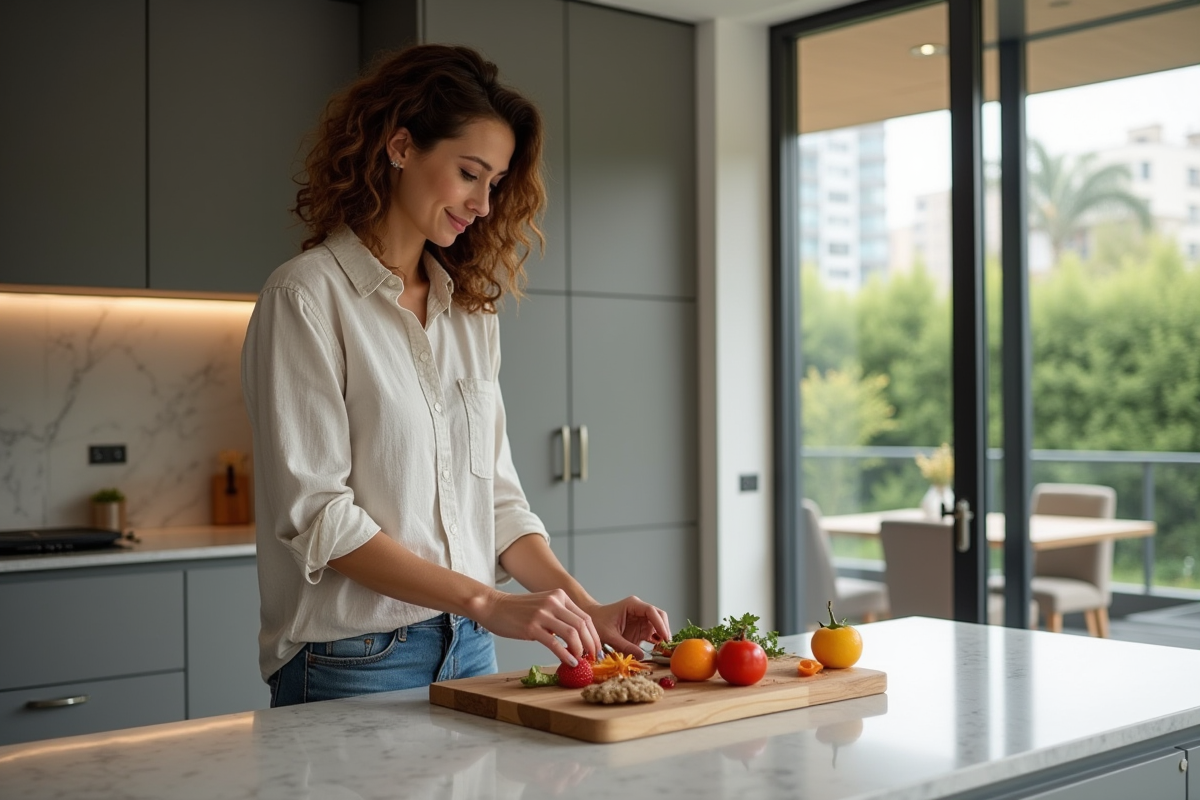 Femme en cuisine moderne préparant un repas sur un plan Dekton