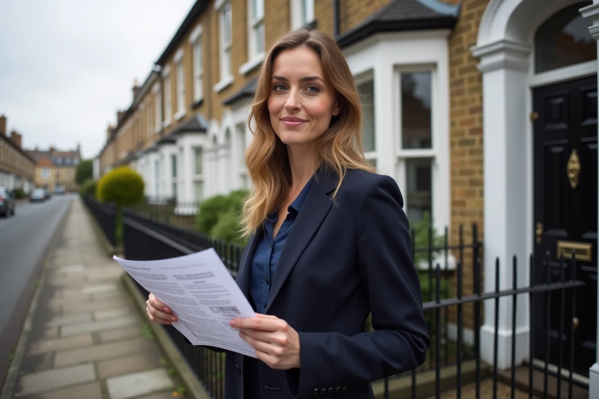 Jeune femme posée tenant un relevé hypothécaire devant une maison