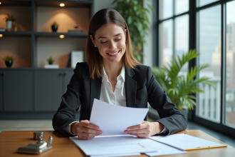 Femme d'affaires souriante dans un bureau moderne