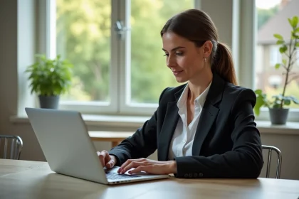 Femme professionnelle consulte des annonces immobili&egrave;res sur son ordinateur
