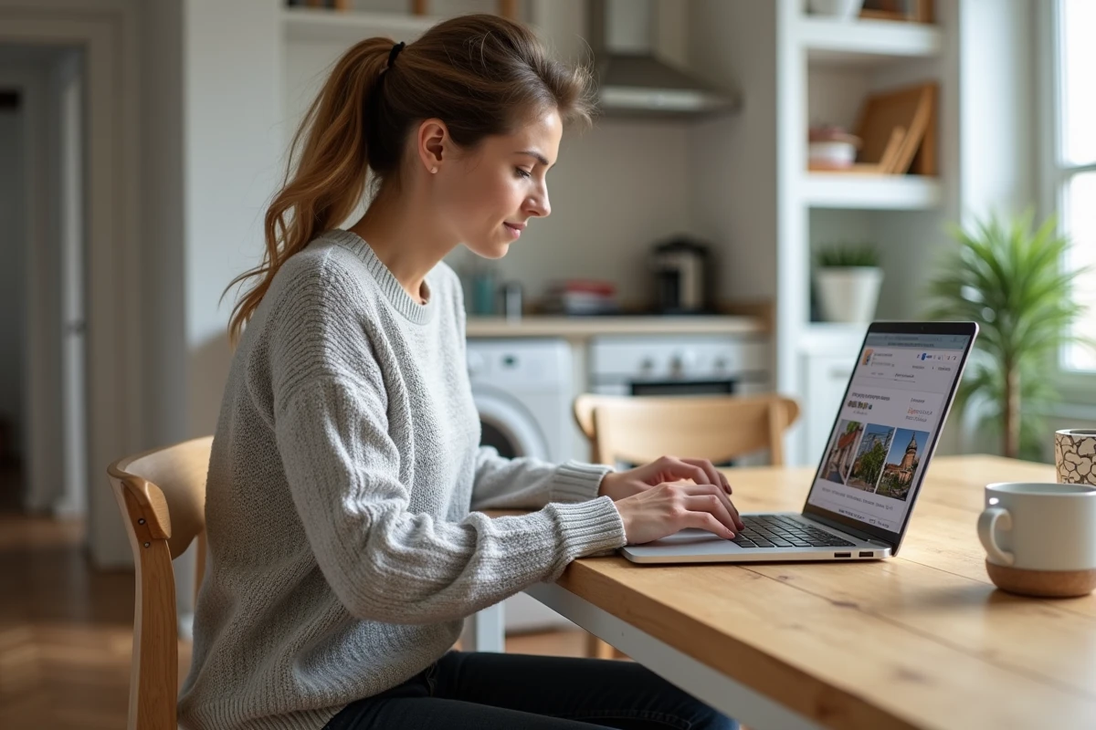 Femme consultant des annonces immobilières sur un ordinateur portable dans un appartement F3 ou T3