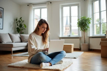 Jeune femme cherchant un logement sur son ordinateur &agrave; Strasbourg