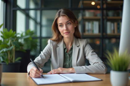 Femme en tenue professionnelle examine un contrat de prêt