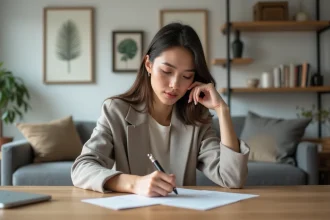 Jeune femme signant une lettre dans un appartement moderne