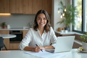 Jeune femme souriante signant un contrat de location dans sa cuisine