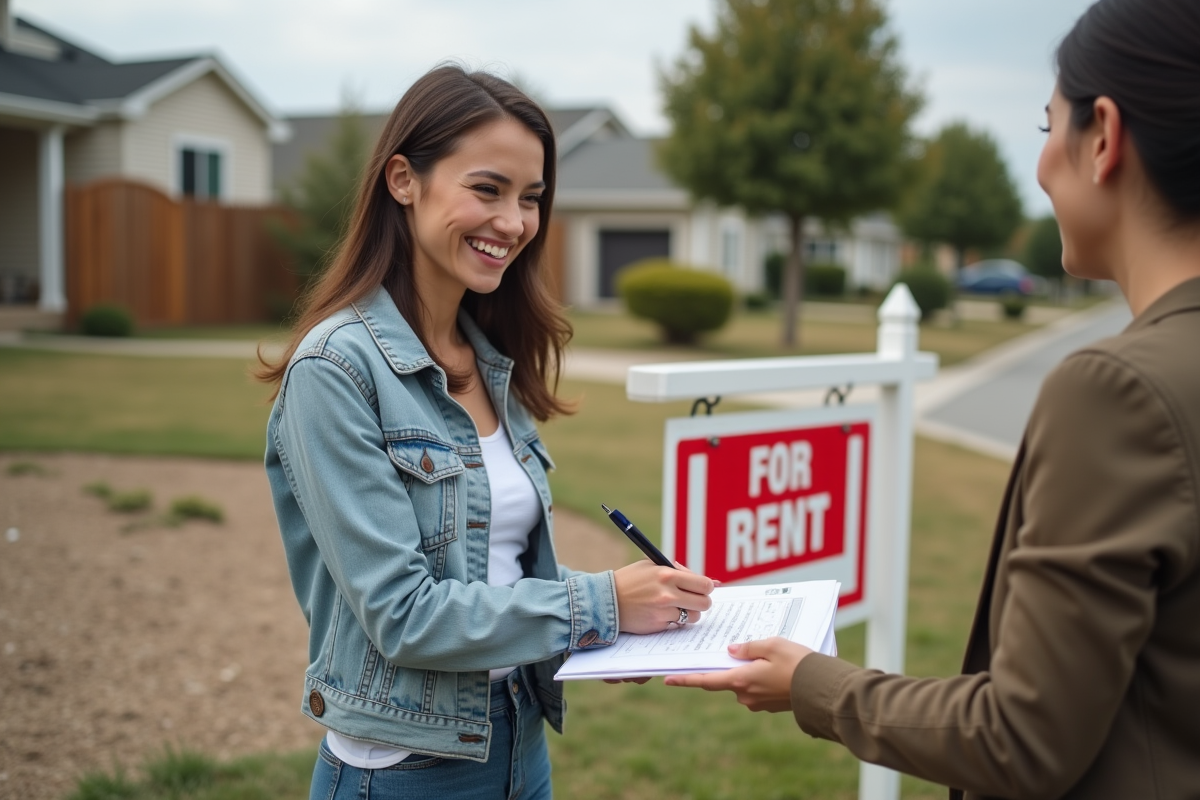 Jeune femme signant un contrat devant un panneau de location