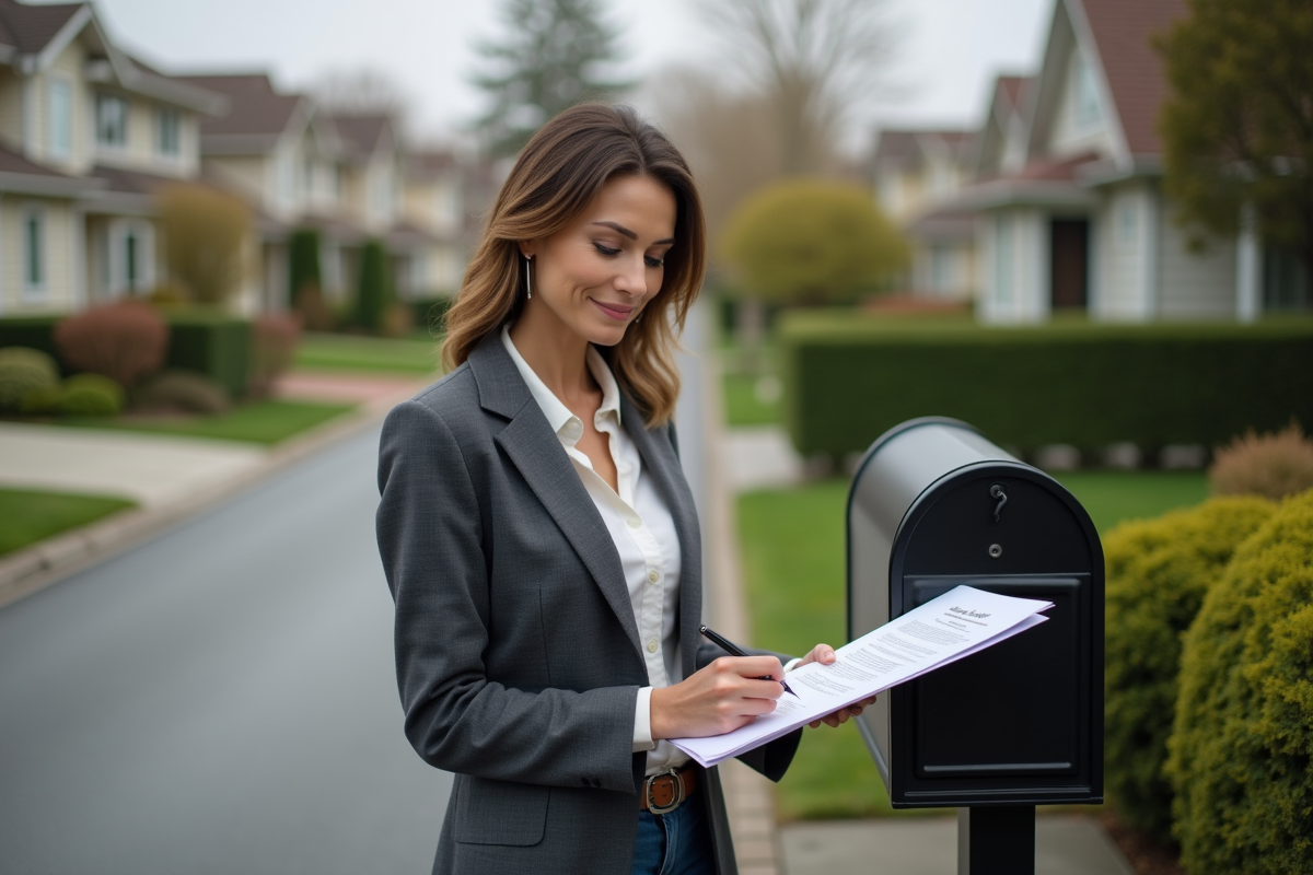 Femme signant un document devant une maison de banlieue