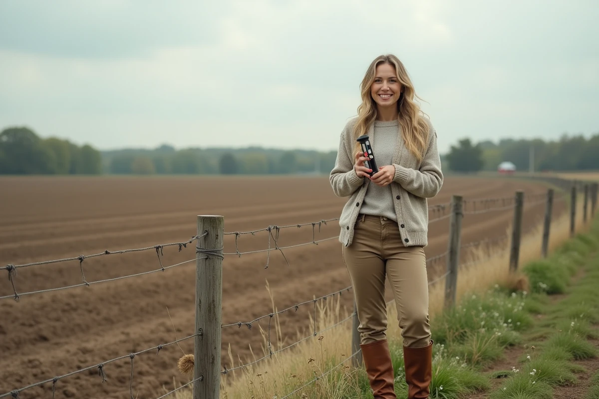 Femme avec un rouleau à mesurer dans un champ rural