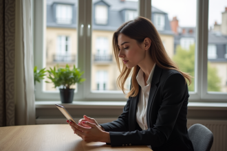 Femme d affaires avec tablette dans un appartement parisien