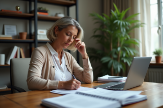 Femme d'âge moyen travaillant à domicile sur ses papiers