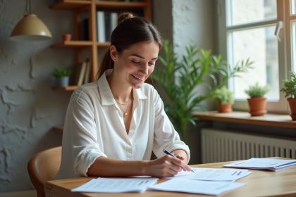 Femme détendue travaillant à domicile avec documents INPI