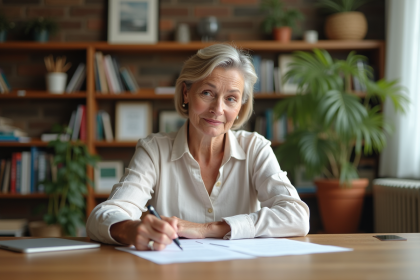 Femme en pleine réflexion dans un espace convivial