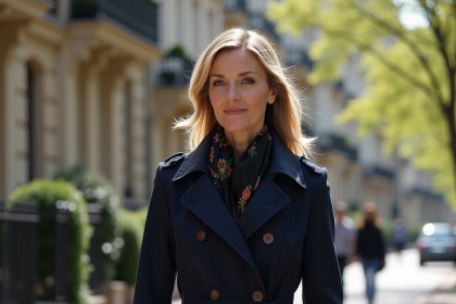 Femme élégante en trench à Metz dans un quartier chic