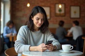 Femme utilisant In li sur smartphone dans un café, parcourant une interface professionnelle mobile au quotidien