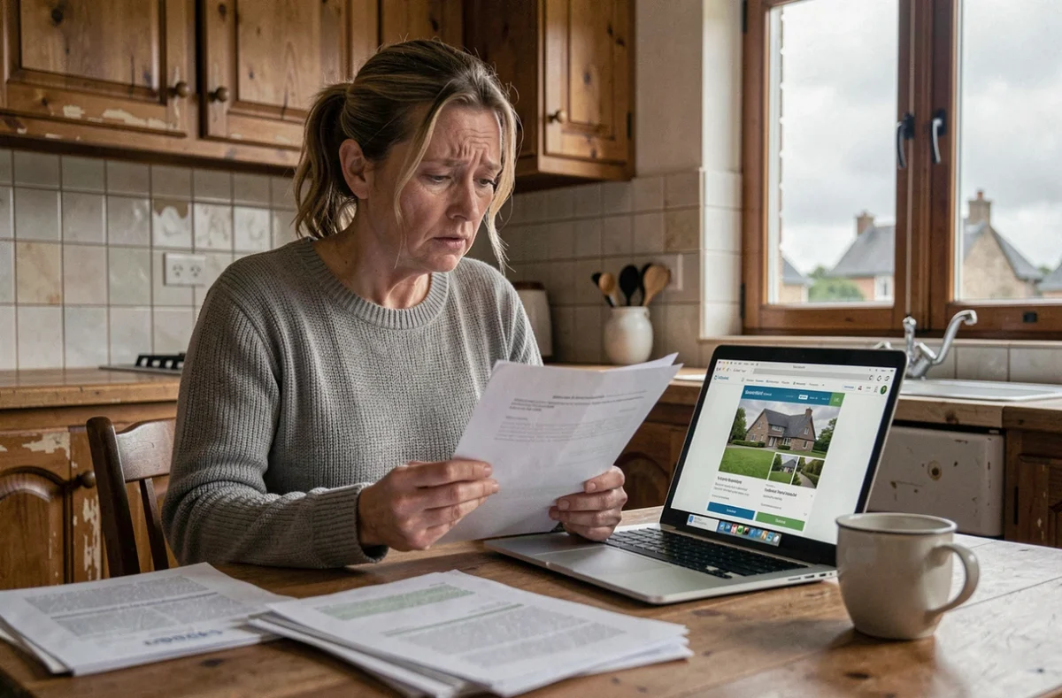 Femme seule examinant des documents immobiliers lors d'une vente de maison urgente suite à un divorce en Bretagne