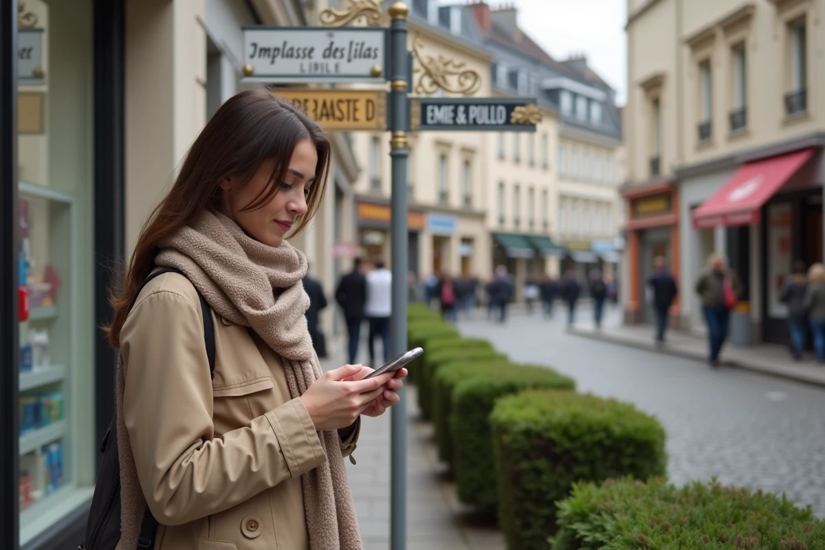 Jeune femme consulte une carte pr&egrave;s du panneau Lilas
