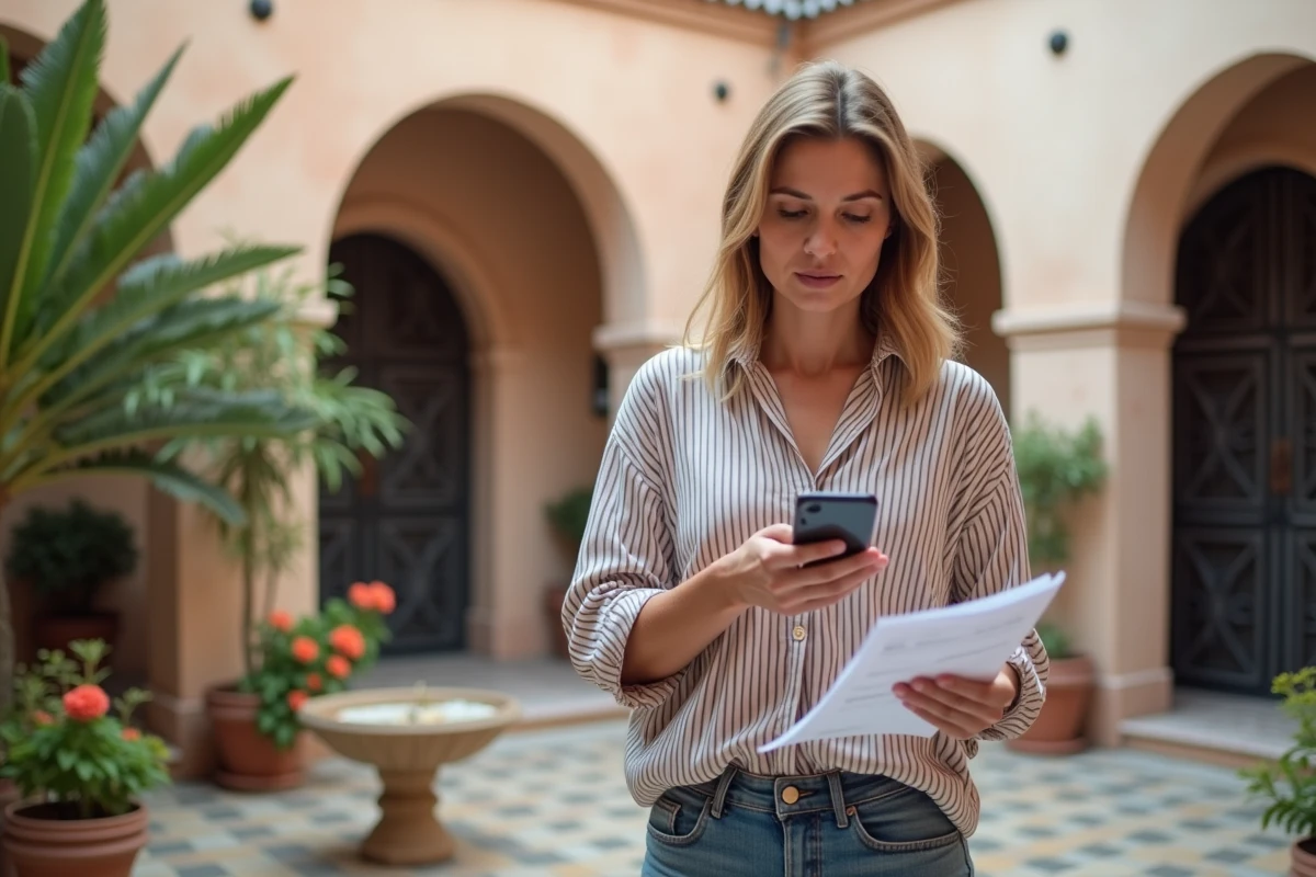 Femme évaluant une annonce de location sur smartphone dans la cour d'une maison à Essaouira avec petit jardin