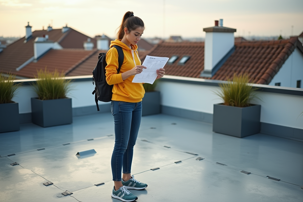 Jeune femme vérifiant une toiture résidentielle
