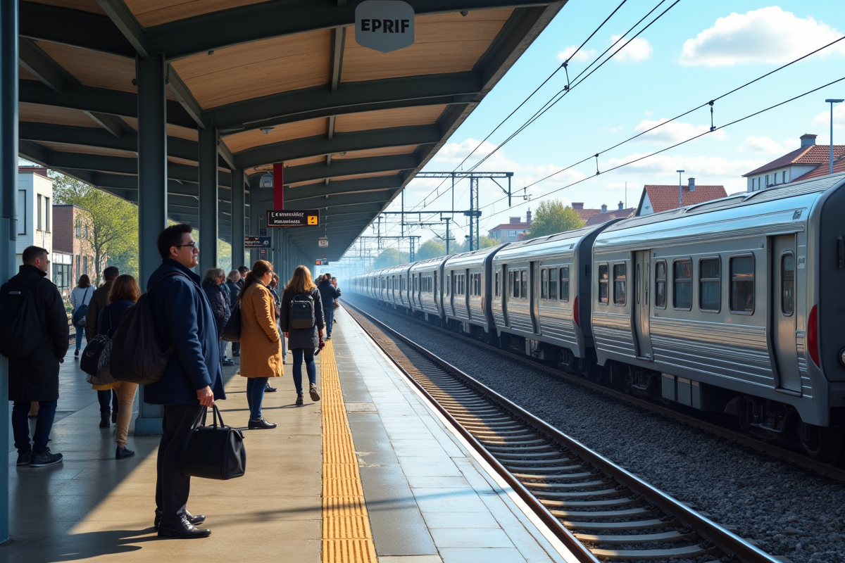 Passagers attendant le train sur une plateforme de banlieue en journée