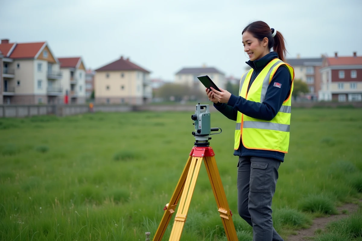 G&eacute;om&egrave;tre femme mesurant une parcelle d'un hectare avec un th&eacute;odolite en zone p&eacute;riurbaine