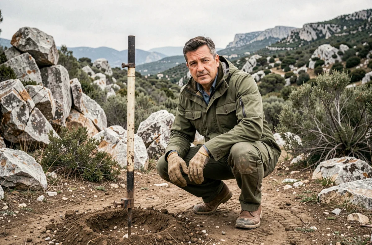 Technicien de Geoparts effectuant un prélèvement de sol sur un terrain rocheux dans les collines de l'arrière-pays des Alpes-Maritimes