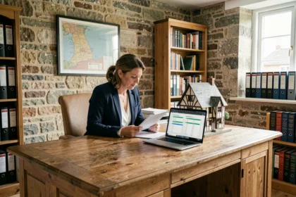 Agente immobilière en Normandie gérant des dossiers locatifs dans un bureau avec carte de la région et maquette de maison normande