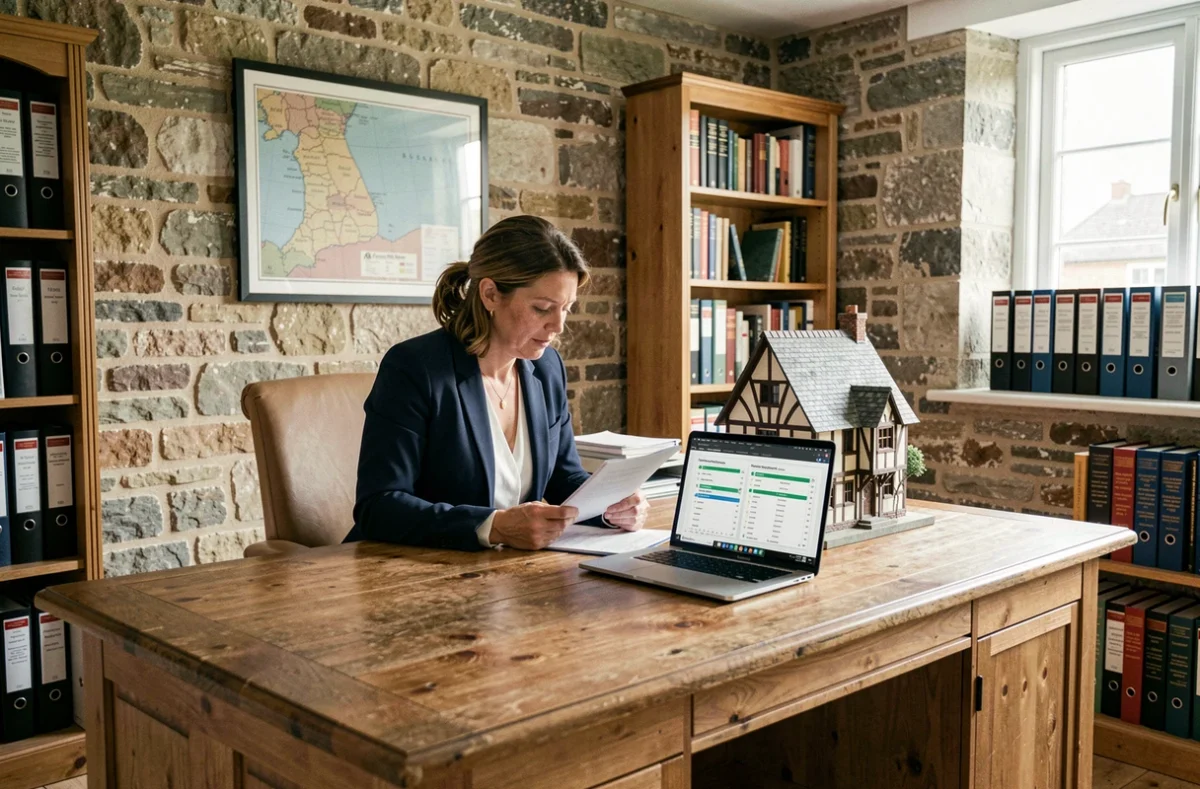 Agente immobilière en Normandie gérant des dossiers locatifs dans un bureau avec carte de la région et maquette de maison normande