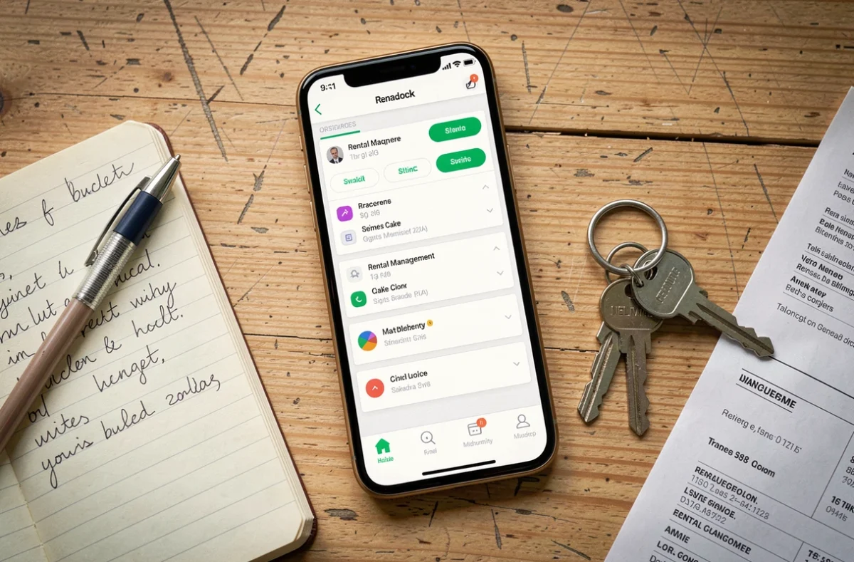 Vue aérienne d'une table avec smartphone affichant une interface de gestion locative, clés d'appartement et carnet budgétaire