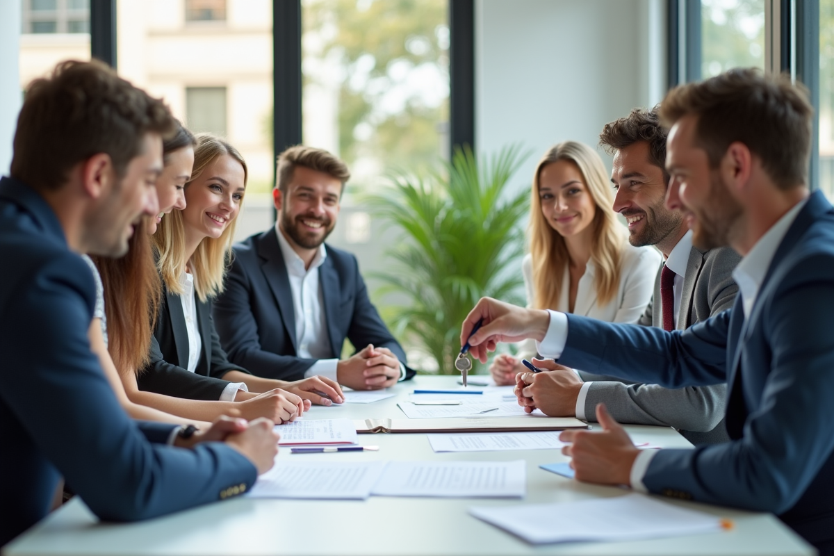 Groupe de personnes signant des contrats de location dans un bureau lumineux