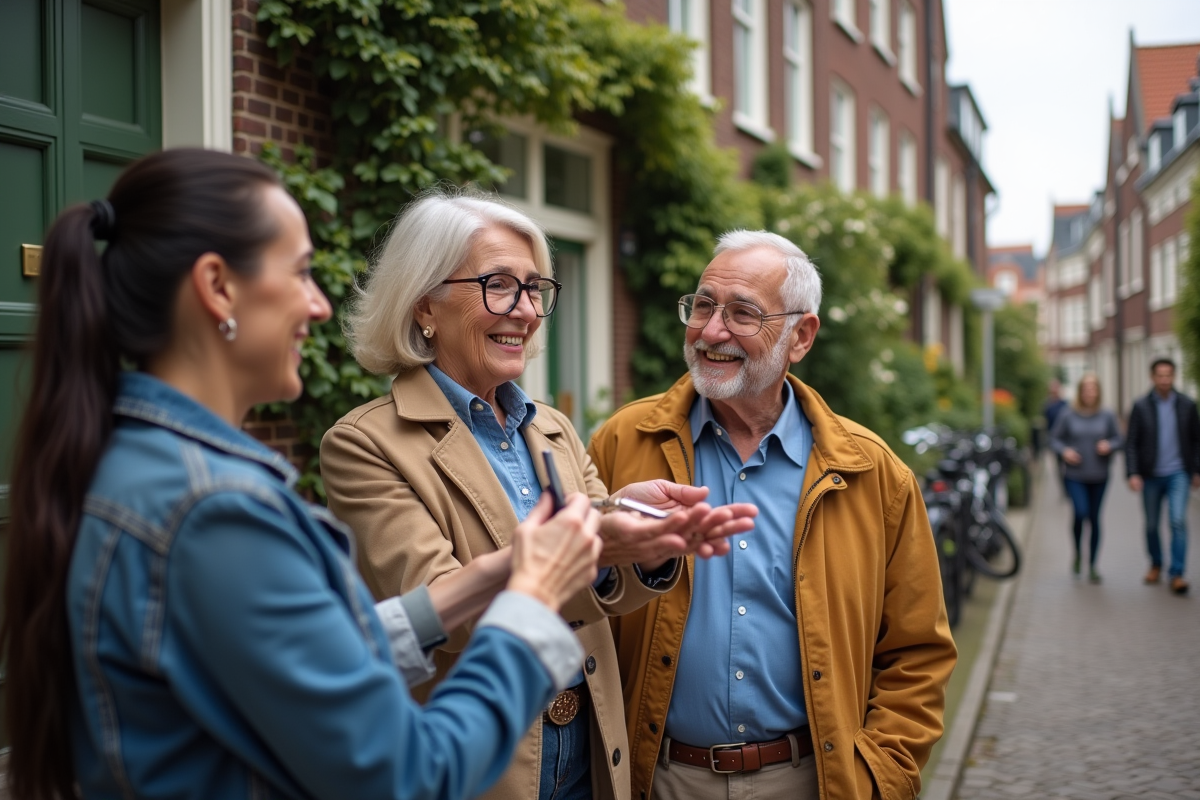 Groupe de voisins souriants avec clés devant maison