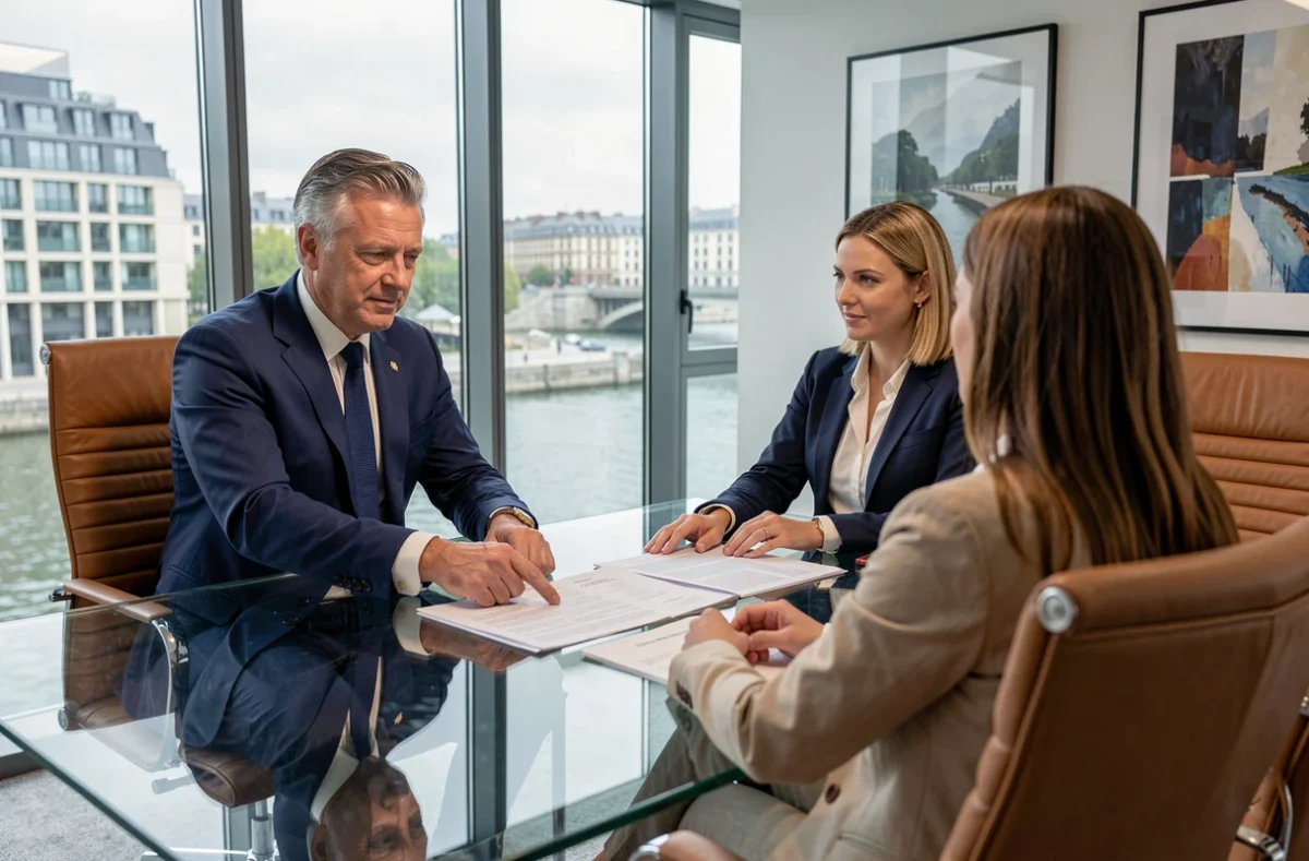 Conseiller Guy Hoquet Boulogne-Billancourt en réunion avec des clients autour d'un dossier immobilier, vue sur la Seine en arrière-plan