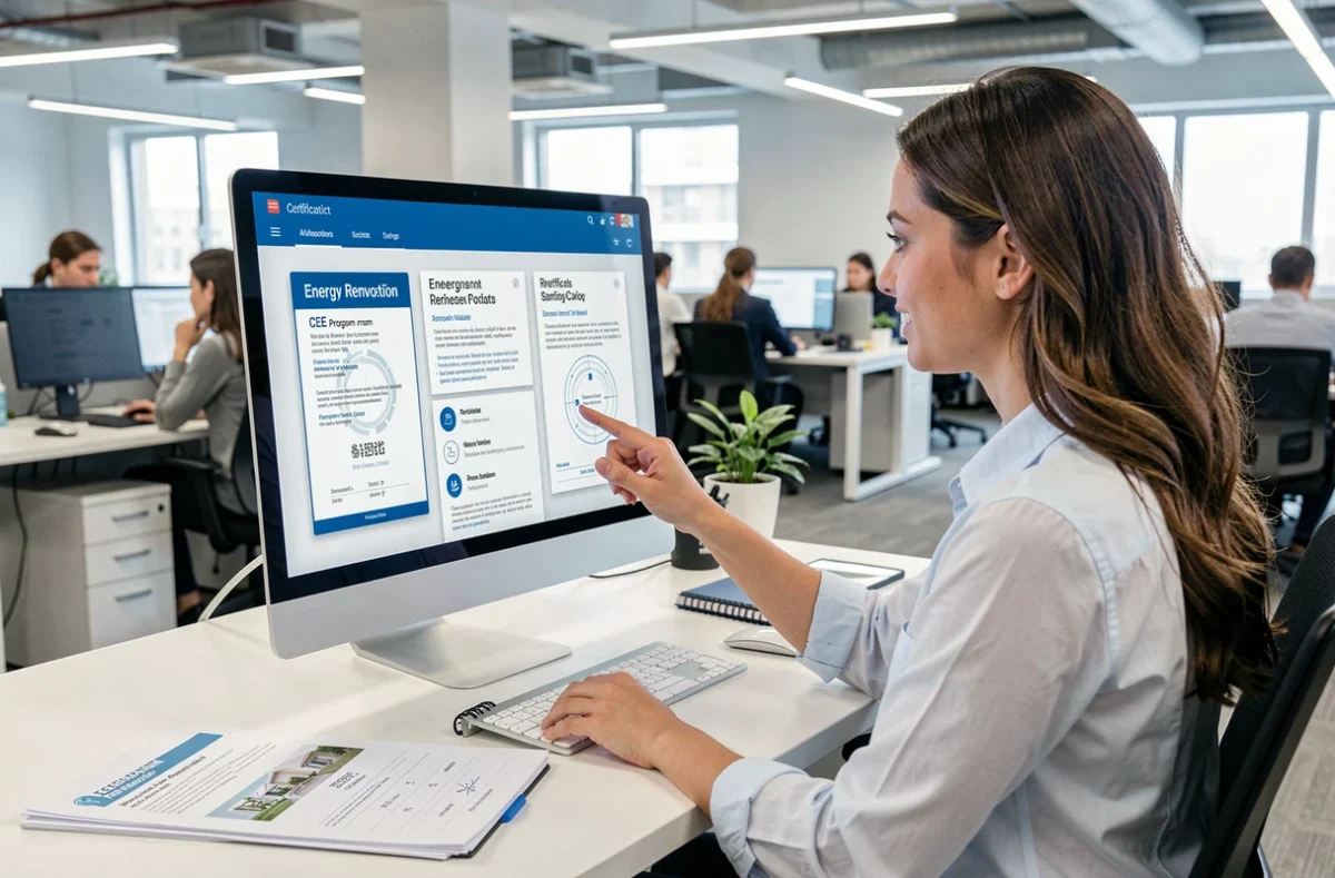 Conseillère Hellio gérant des dossiers CEE et des projets de rénovation d'ampleur sur une plateforme numérique spécialisée