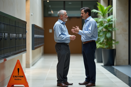 Homme d'affaires inquiet parlant à un gestionnaire d'immeuble