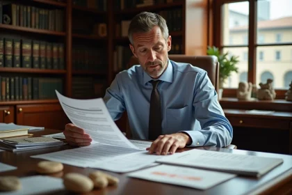 Homme d affaires examinant des documents arch&eacute;ologiques