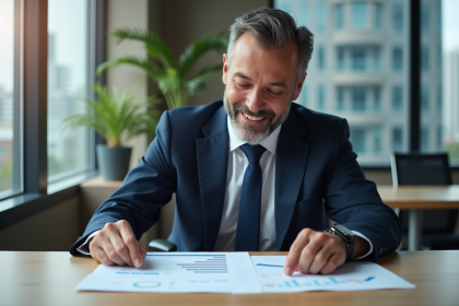 Homme d'affaires en costume bleu examinant des documents immobiliers